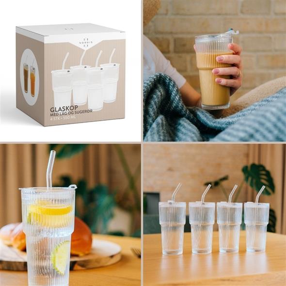 Glaskop med låg og sugerør